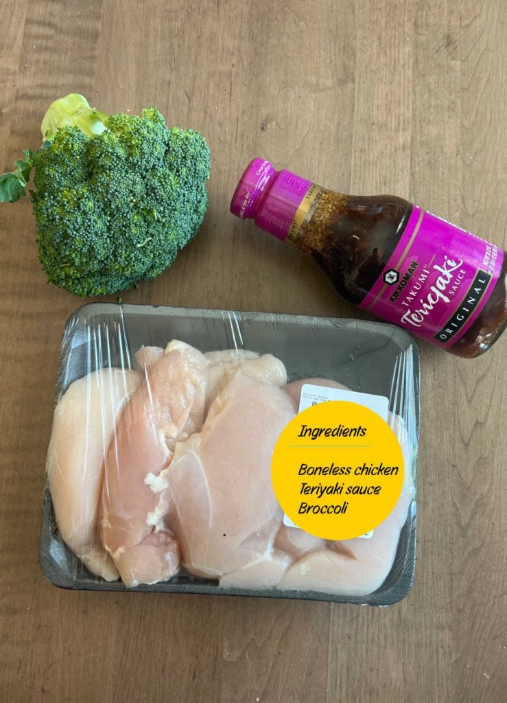 boneless skinless chicken, fresh broccoli and bottle of teriyaki sauce