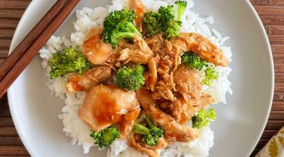 slow cooker teriyaki chicken with broccoli and rice on plate