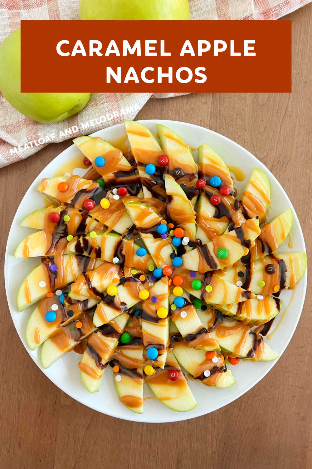 This easy Caramel Apple Nachos recipe uses apple slices and caramel sauce to make a delicious fall treat. Easier than traditional caramel apples and less mess! via @meamel