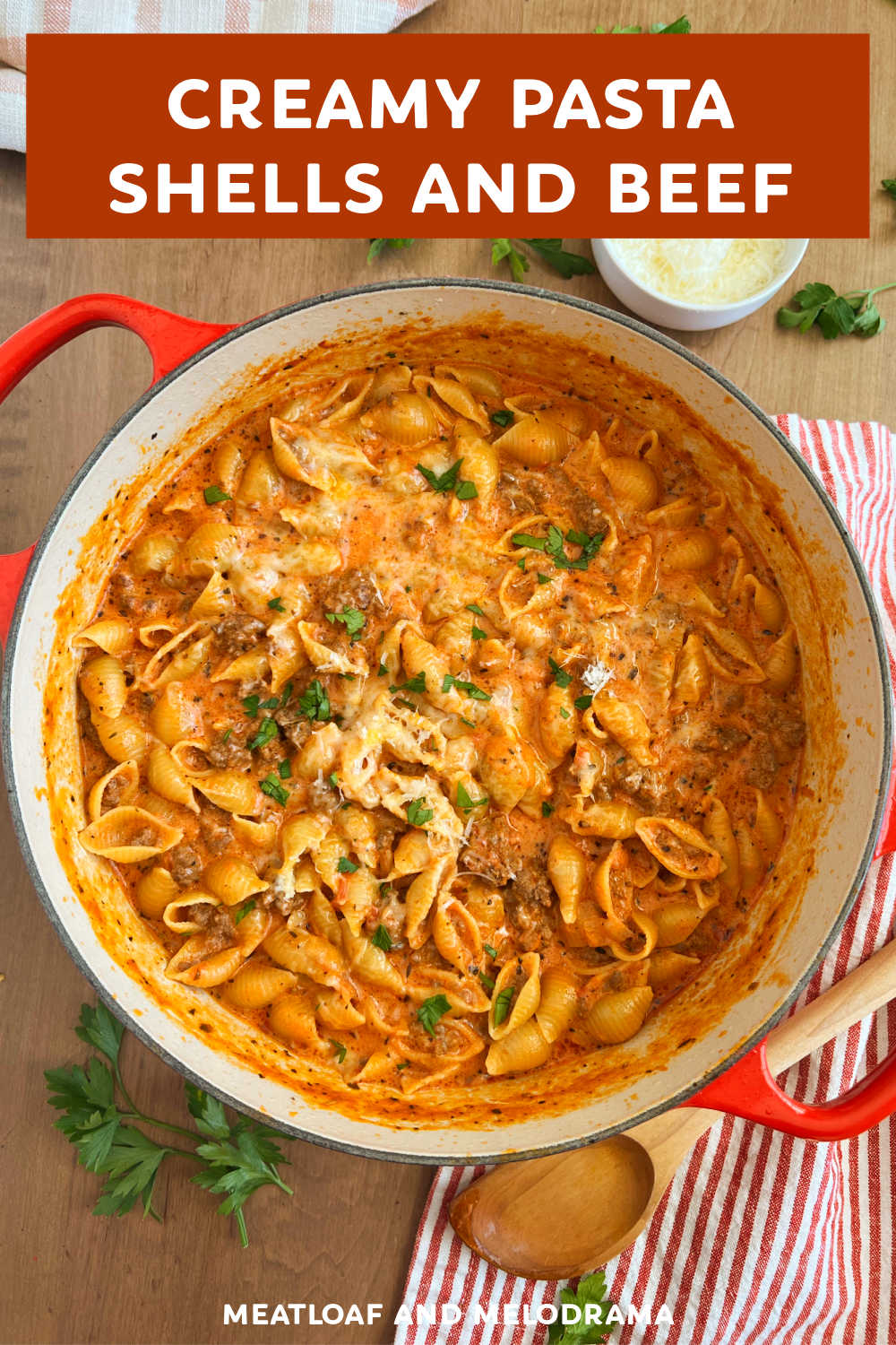 Creamy Shells and Beef is an easy ground beef pasta recipe in creamy tomato sauce. Cheesy beef and shells is a delicious recipe for busy weeknights and delicious comfort food the whole family loves! via @meamel