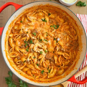 ground beef pasta, creamy shells and beef, in creamy tomato sauce in dutch oven
