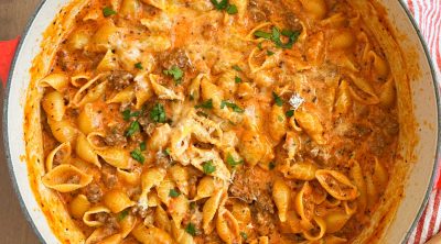 ground beef pasta, creamy shells and beef, in creamy tomato sauce in dutch oven