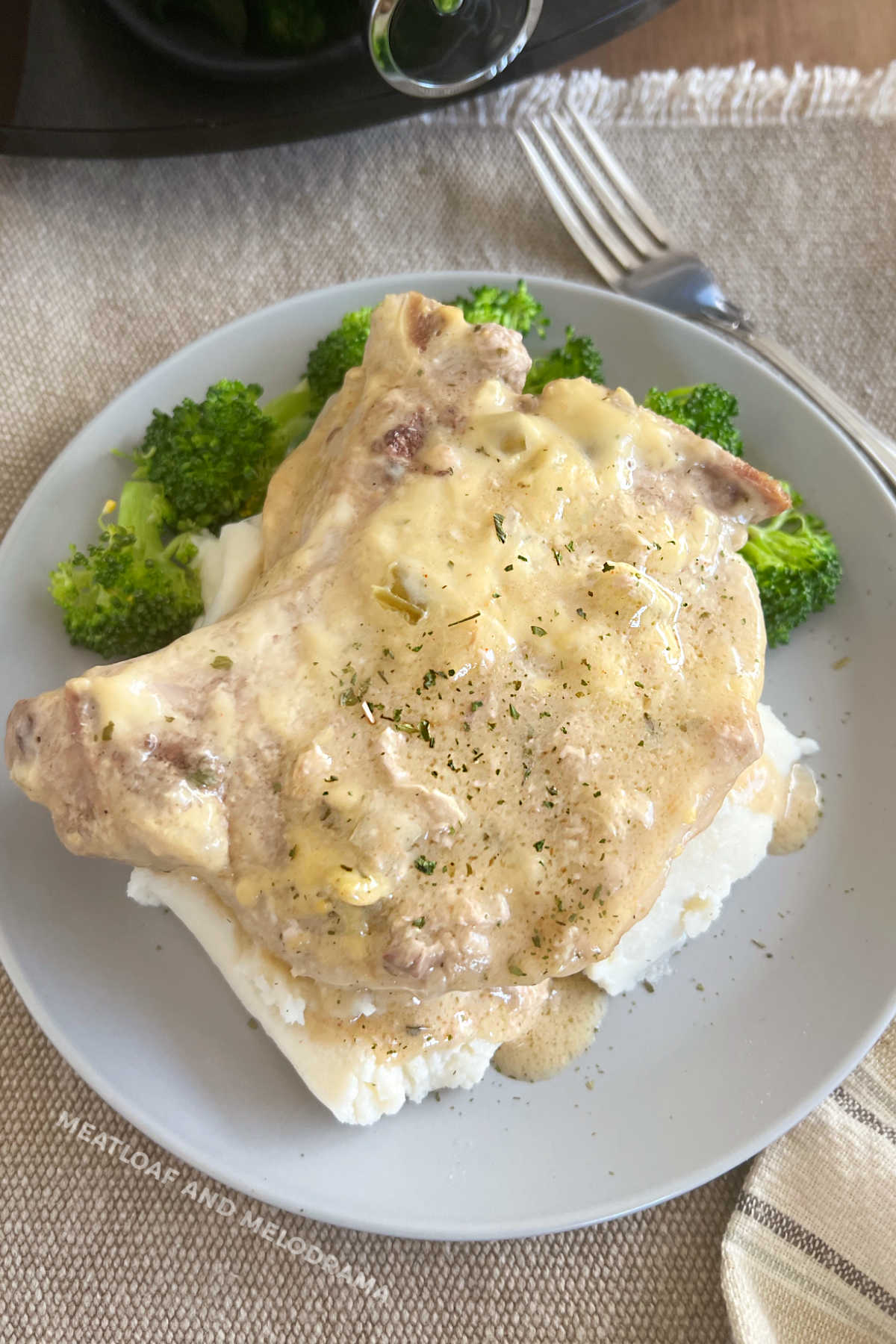 bone-in crockpot ranch pork chops with mashed potatoes and broccoli on plate