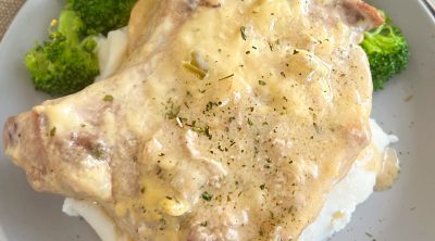 bone-in crockpot ranch pork chops with mashed potatoes and broccoli