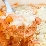 instant pot baked ziti with mozzarella cheese on serving spon