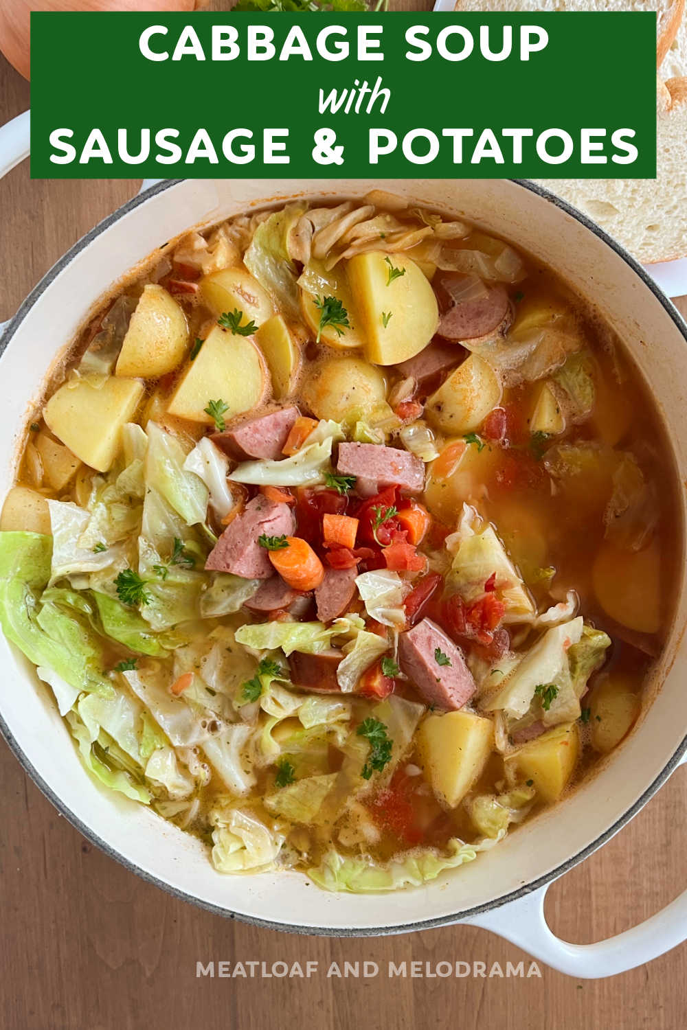 This Cabbage Soup with Sausage recipe is a hearty soup with kielbasa sausage, tender potatoes, carrots and diced tomatoes in a savory broth. This delicious soup is perfect for a cold day! via @meamel