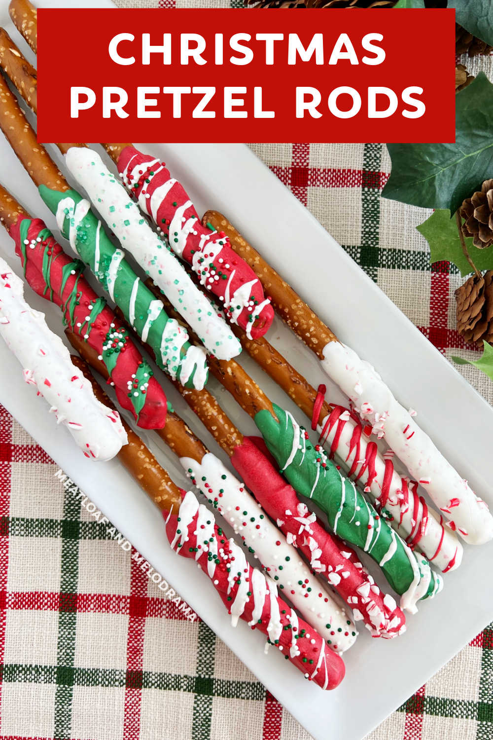 This Christmas Pretzel Rods Recipe uses salty pretzel rods covered in melted chocolate or candy coating to make easy Christmas treats. These no-bake treats are perfect to share during the holiday season! via @meamel
