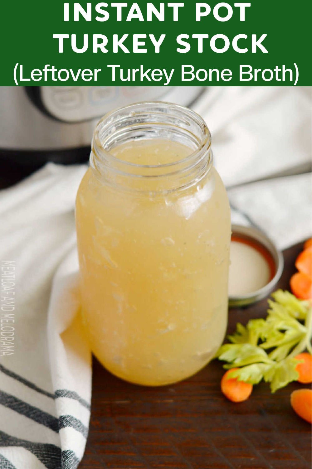 Make Instant Pot Turkey Stock from a leftover turkey carcass with this easy Instant Pot recipe for homemade turkey bone broth. A delicious way to use up Thanksgiving turkey or turkey from Christmas dinner! via @meamel