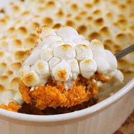 easy sweet potato casserole with marshmallows on spoon