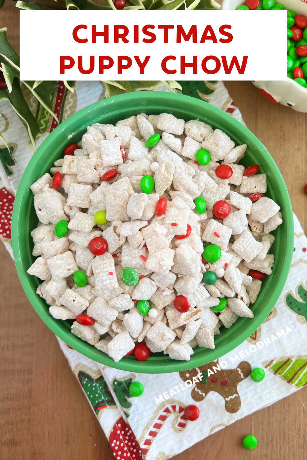 White Chocolate Puppy Chow (muddy buddies) is a delicious treat made with chex cereal, white chocolate, peanut butter and powdered sugar. This easy Christmas puppy chow or reindeer chow is the perfect snack for the holiday season! via @meamel