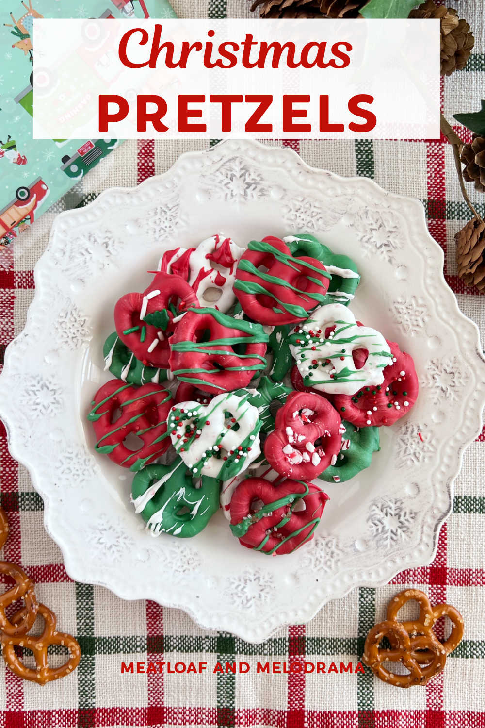 Chocolate Dipped Christmas Pretzels are mini pretzels covered in melted chocolate or candy coating. Chocolate covered pretzels are an easy treat for the holiday season and perfect for sharing with friends and neighbors! via @meamel