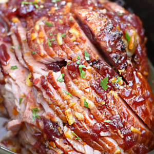 Christmas spiral cut ham with cranberry orange glaze in slow cooker