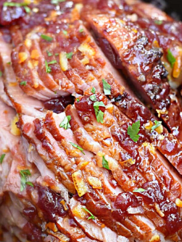 Christmas spiral cut ham with cranberry orange glaze in slow cooker