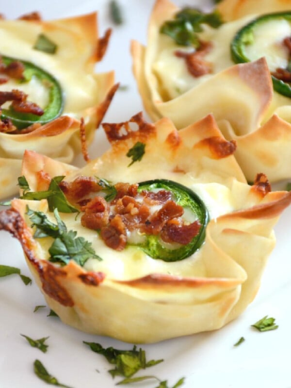 jalapeno popper wonton cups with bacon on a plate