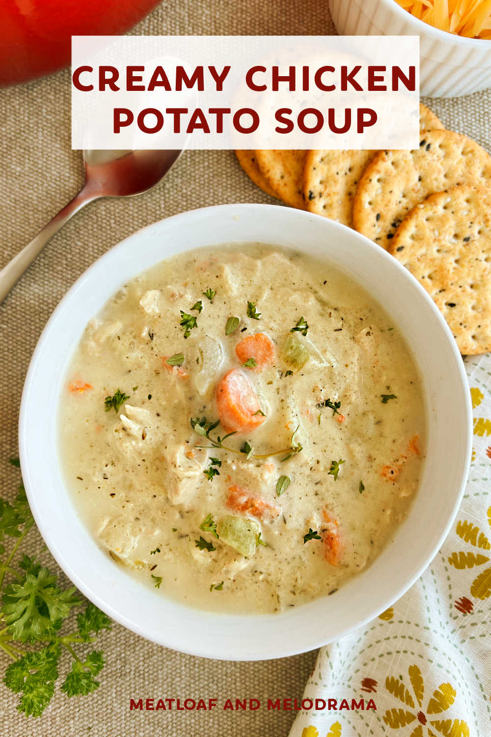 Chicken Potato Soup is an easy chicken soup recipe with tender potatoes, carrots and rotisserie chicken in a delicious creamy broth. One of our favorite soups for a cold night or chilly day! via @meamel