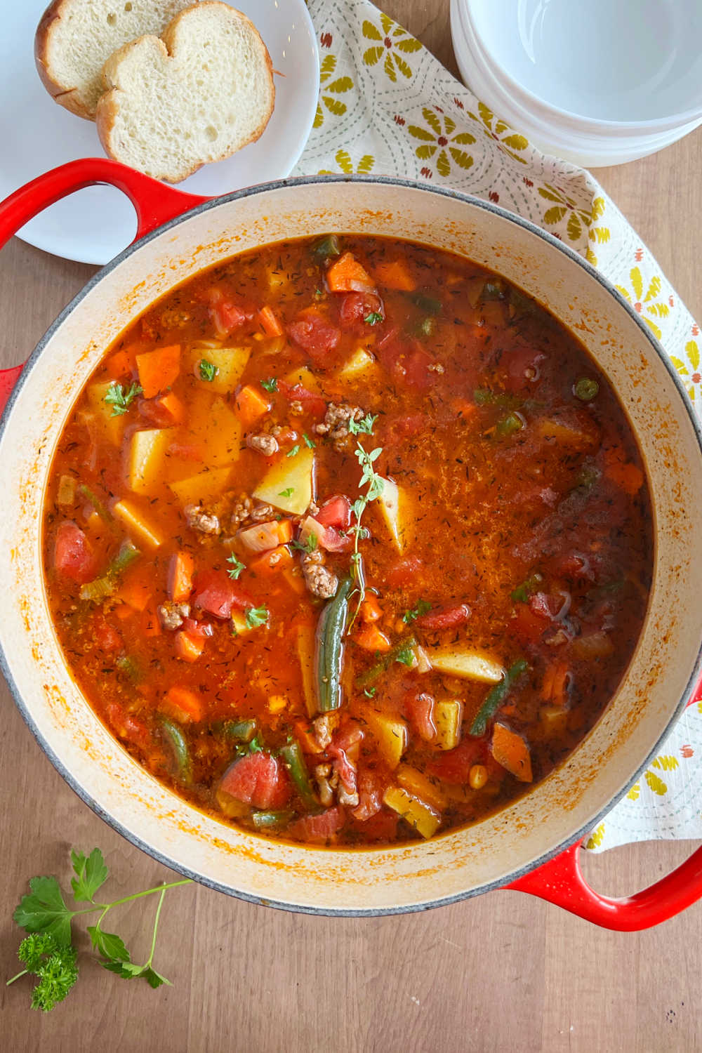 vegetable beef soup with hamburger and fresh vegetables in dutch oven