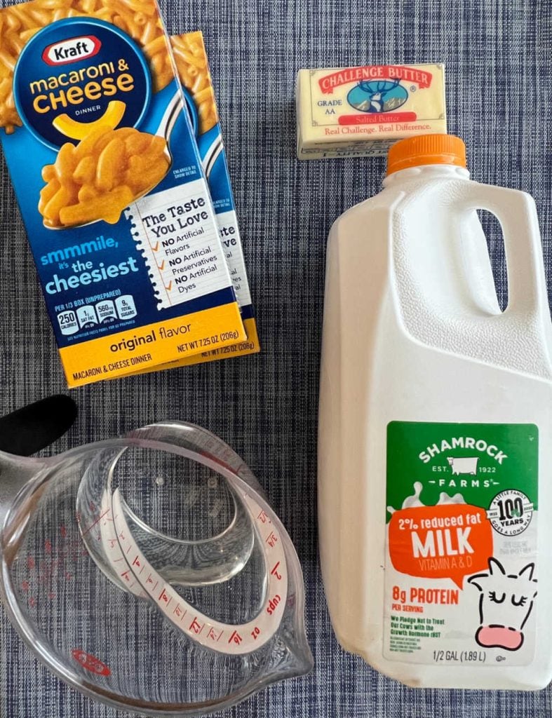 blue box Kraft macaroni and cheese, butter, milk and water