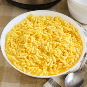 Instant Pot Kraft Mac and cheese (boxed mac and cheese) in a white bowl