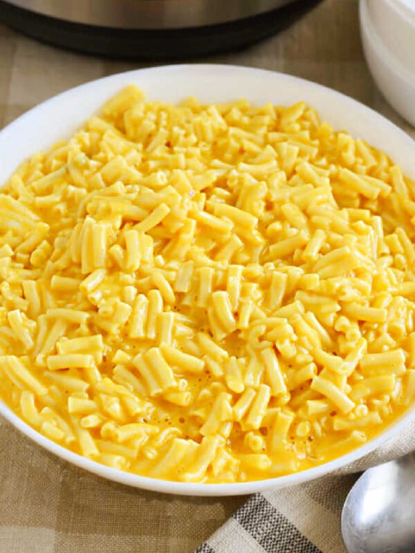 Instant Pot Kraft Mac and cheese (boxed mac and cheese) in a white bowl