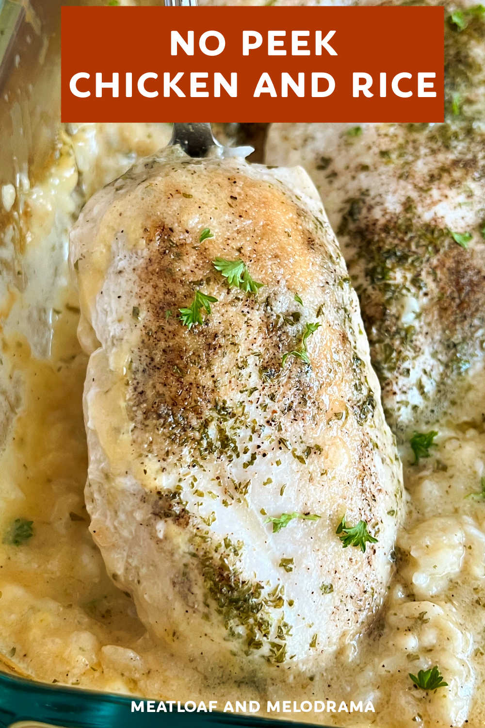 No Peek Chicken and Rice recipe is chicken breasts and rice baked together in a creamy sauce in one pan. Easy comfort food made with simple ingredients that the whole family will enjoy. This easy chicken recipe is a family favorite perfect for busy weeknights, and even picky kids love it! via @meamel