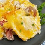 baked pierogi casserole with kielbasa sausage on a plate