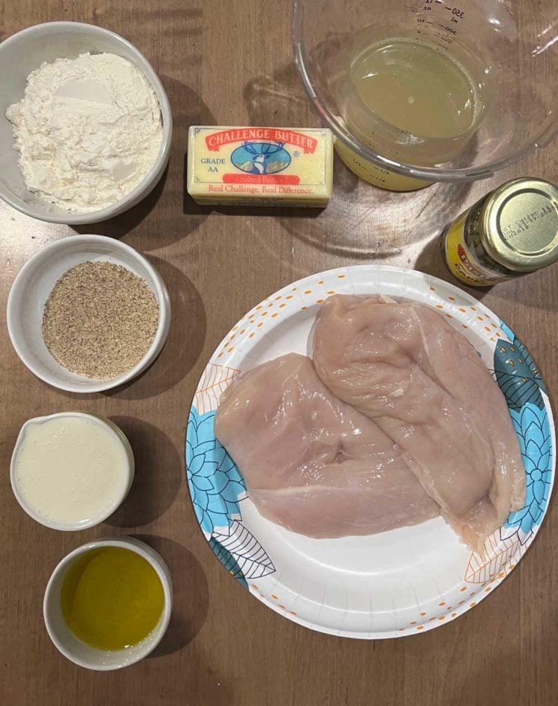 chicken cutlets, flour, seasonings, butter, lemon juice and white wine, capers and cream