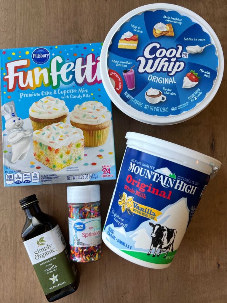 box of funfetti cake mix, cool whip, vanilla yogurt, rainbow sprinkles and vanilla