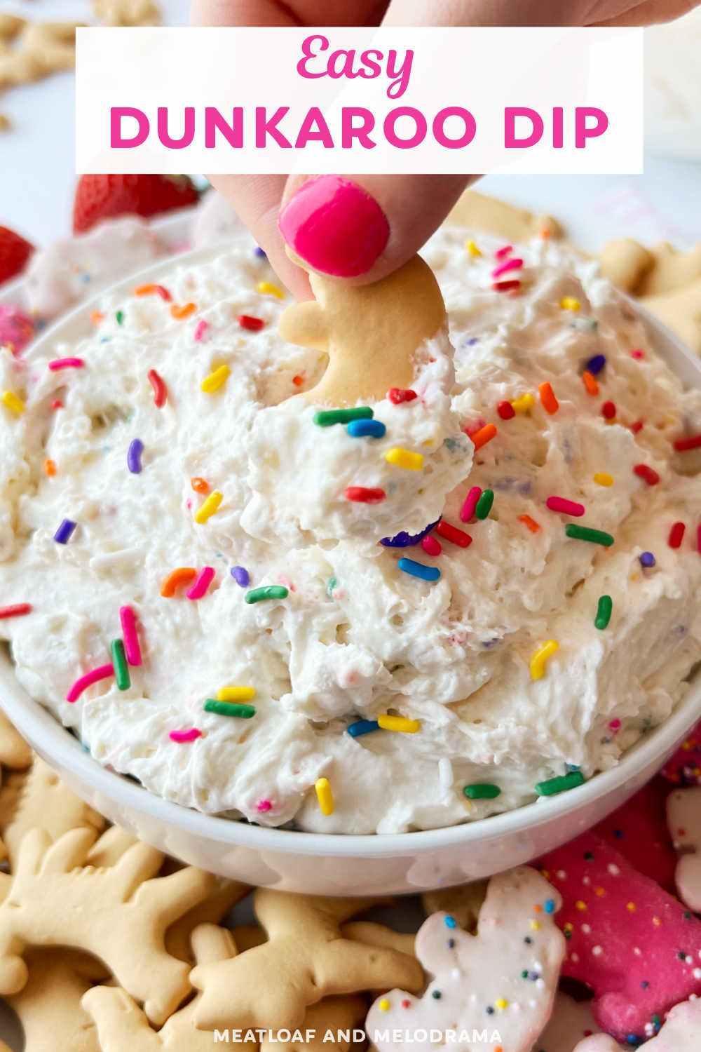 Dunkaroo Dip or Funfetti Cake Batter Dip is an easy dessert dip made with a box of Funfetti cake mix, Cool Whip, vanilla yogurt and rainbow sprinkles. An easy sweet treat the whole family will love. Perfect for birthday parties and baby showers! via @meamel