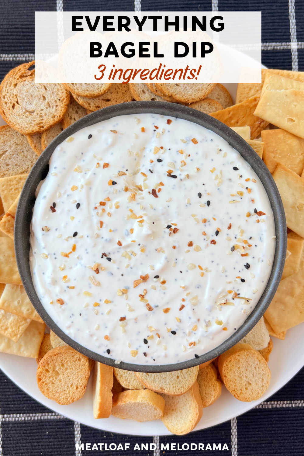 Everything Bagel Dip is a delicious dip made with sour cream, cream cheese and bagel seasoning blend. Only 3 ingredients in this easy recipe that takes minutes to make! Perfect for game day and a delicious party dip. via @meamel