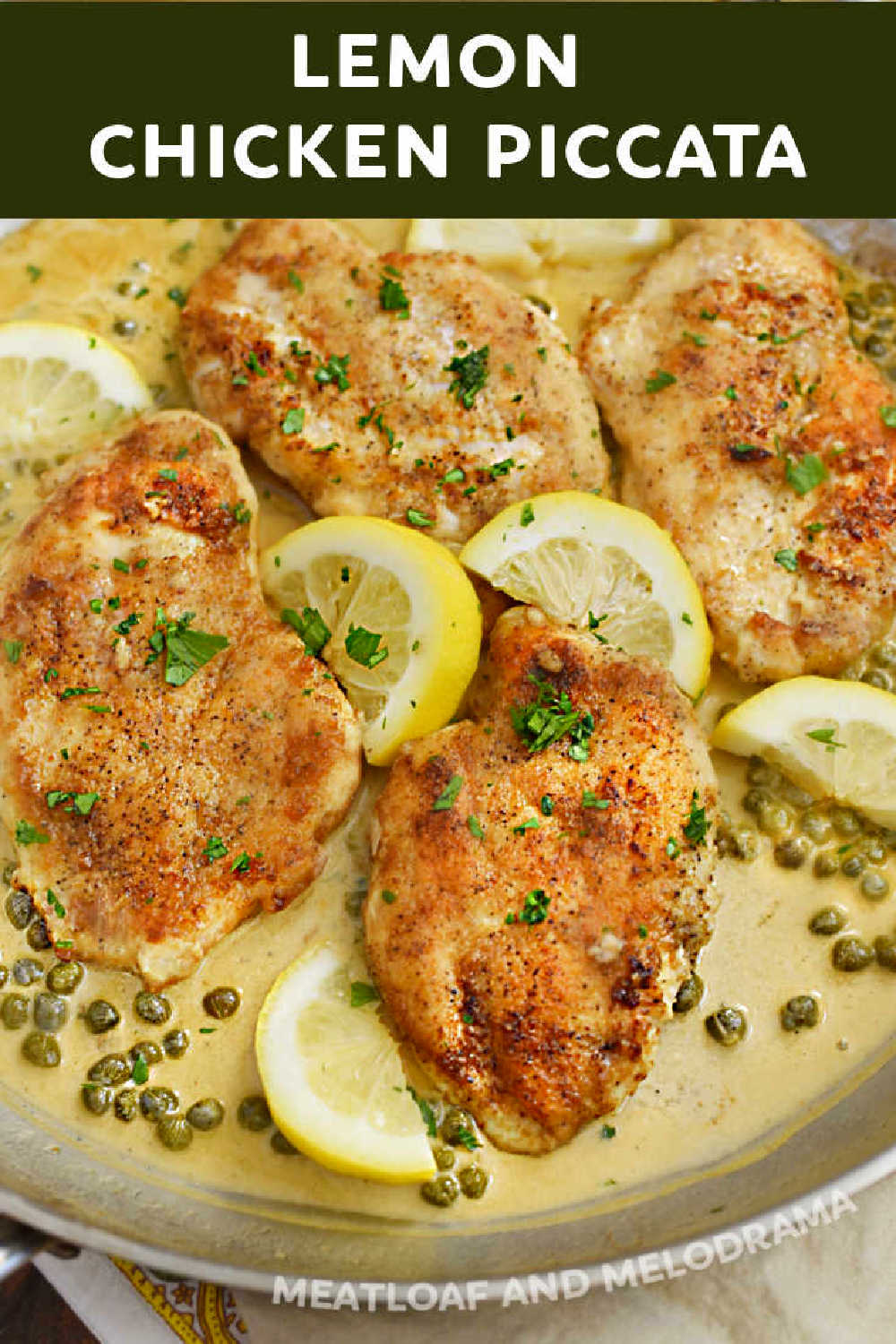 This Lemon Chicken Piccata recipe is pan fried chicken cutlets in a creamy lemon butter sauce with white wine and capers. Serve with your favorite pasta for a special weeknight dinner or Sunday supper!  via @meamel