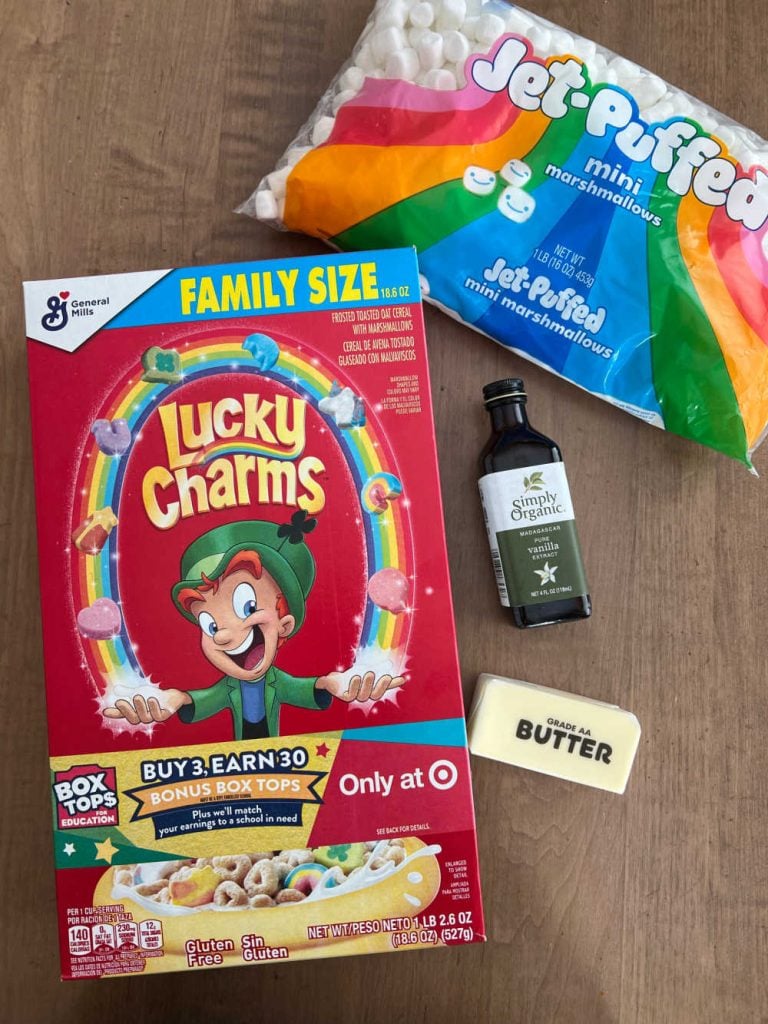 box of lucky charms cereal, mini marshmallows, vanilla extract and butter