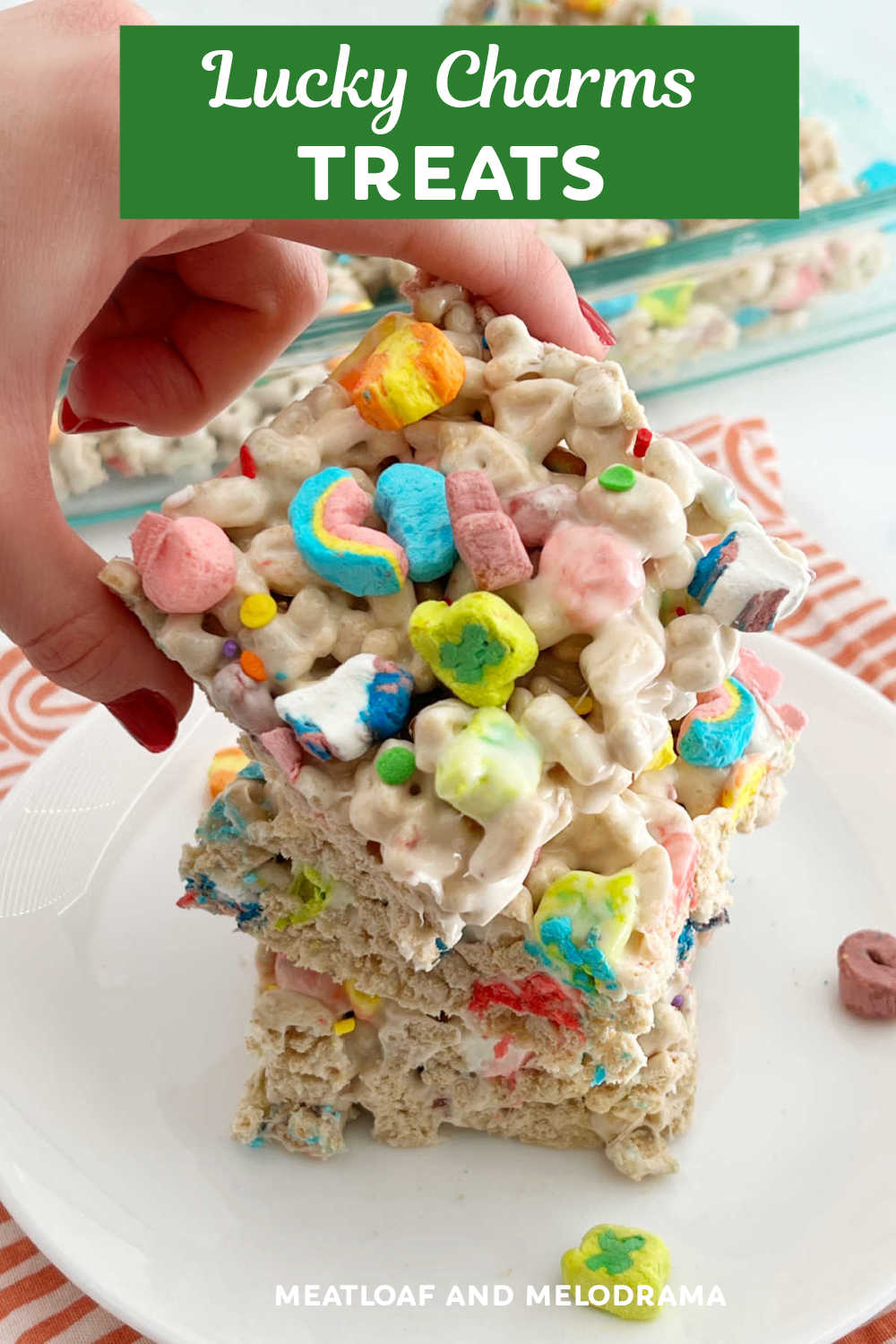 Lucky Charms Marshmallow Treats are no bake cereal treats made with melted marshmallows and Lucky Charms cereal. An easy recipe for a fun after school snack or quick dessert! Perfect for St Patricks Day! via @meamel