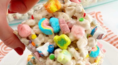 lucky charms marshmallow treats in hand