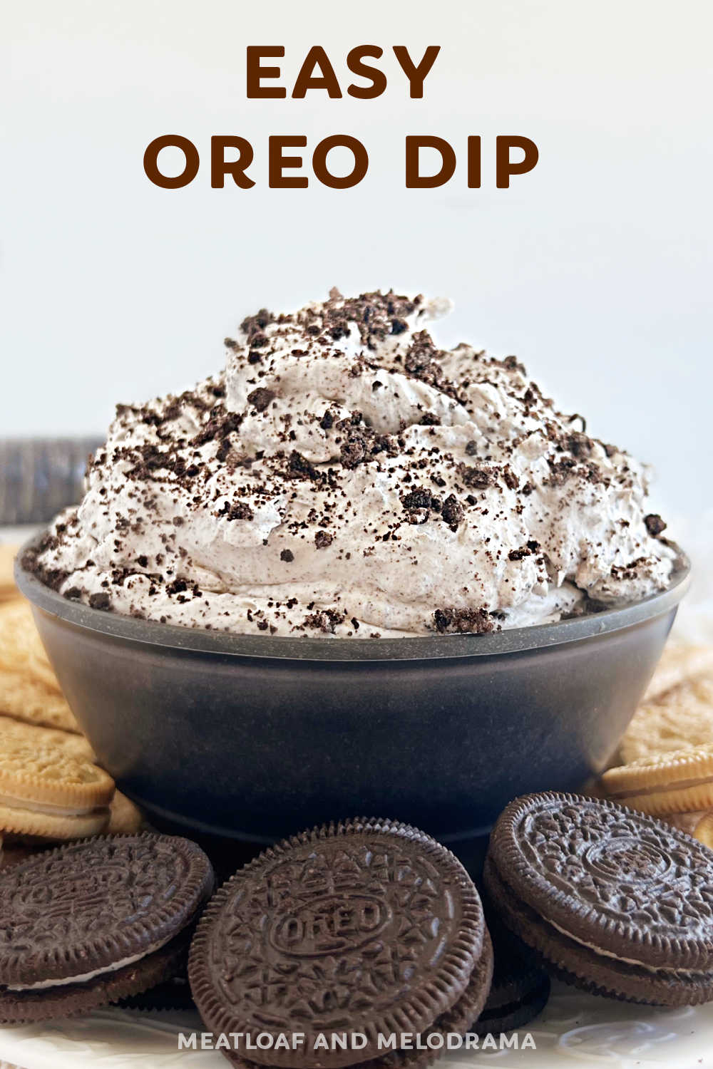 Oreo Dip or Cookies and Cream dip is an easy recipe made with cream cheese, Cool Whip, powdered sugar and crushed Oreos. Everyone loves this delicious dessert dip -- just serve with your favorite dippers! via @meamel