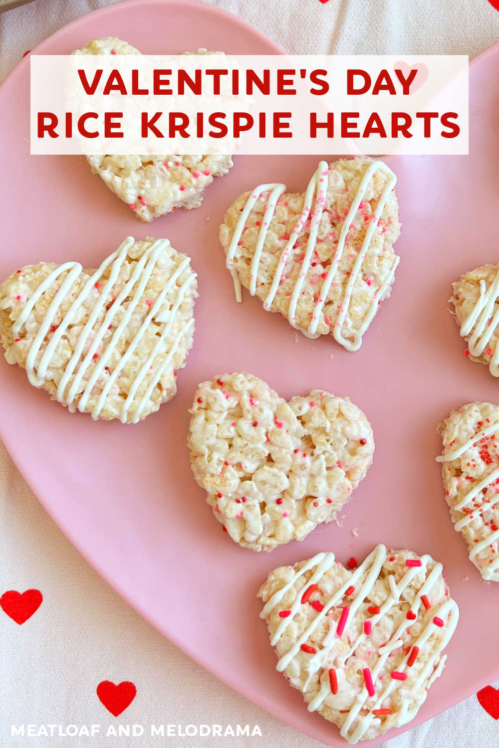 Valentine's Day Rice Krispie Treats are heart-shaped Rice Krispies treats decorated with melted candy coating and sprinkles. An easy dessert for Valentine Day! via @meamel