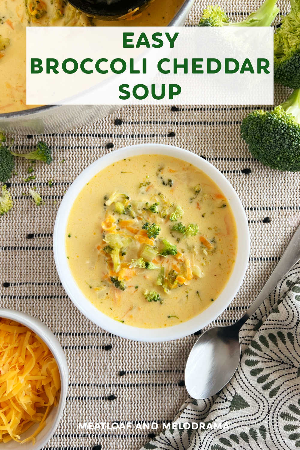 Broccoli Cheddar Soup is an easy soup recipe made with fresh broccoli florets, carrots and lots of cheddar cheese in one pot in only 30 minutes. Serve this delicious soup with crusty bread for an easy weeknight meal the whole family will love! via @meamel