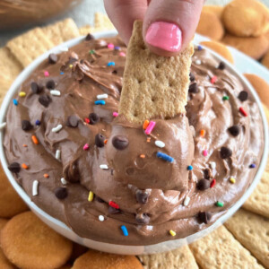 brownie batter dip with mini chocolate chips and sprinkles on graham cracker