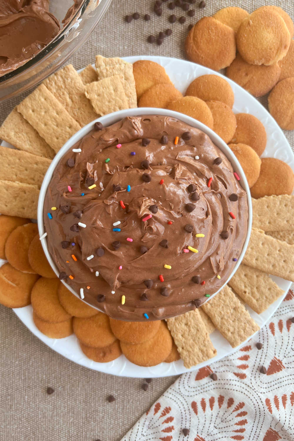 brownie batter dip in serving bowl with dippers