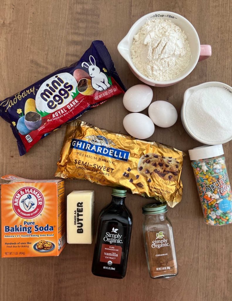 chocolate chips, butter, eggs and ingredients for brownies