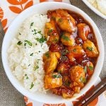 bowl of orange chicken with orange marmalade sauce