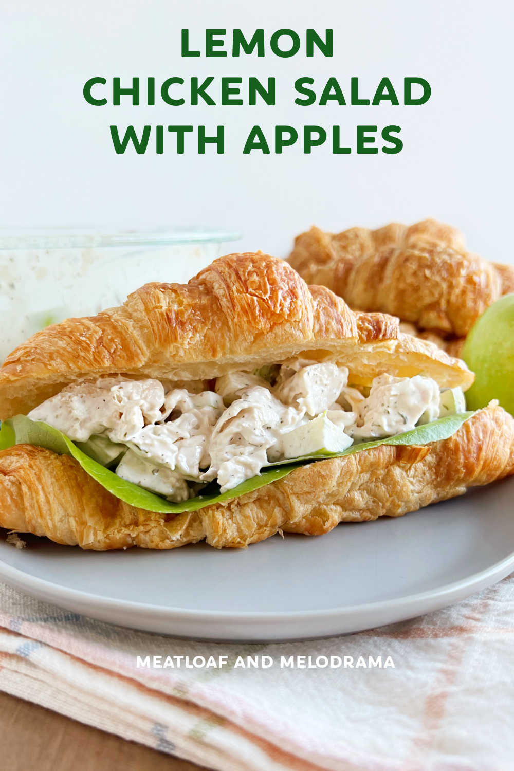 Lemon Chicken Salad Recipe with Apples is an easy chicken salad with a light lemony dressing. Perfect for a light lunch or dinner! Serve over fresh salad greens, in a sandwich or in wraps. via @meamel