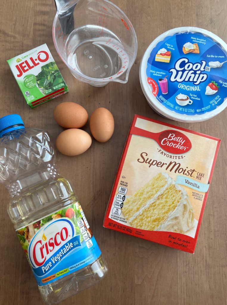 cake mix, eggs, lime jello, water, oil and cool whip