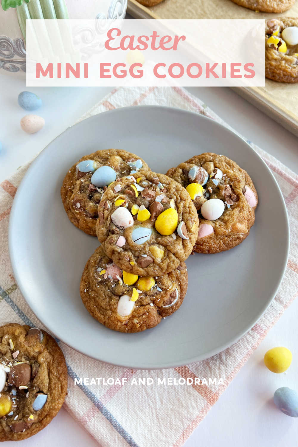 Mini Egg Cookies are chocolate chip cookies with Cadbury mini eggs. These cute Easter cookies are a great addition to your Easter desserts menu and an easy treat the whole family will love! via @meamel