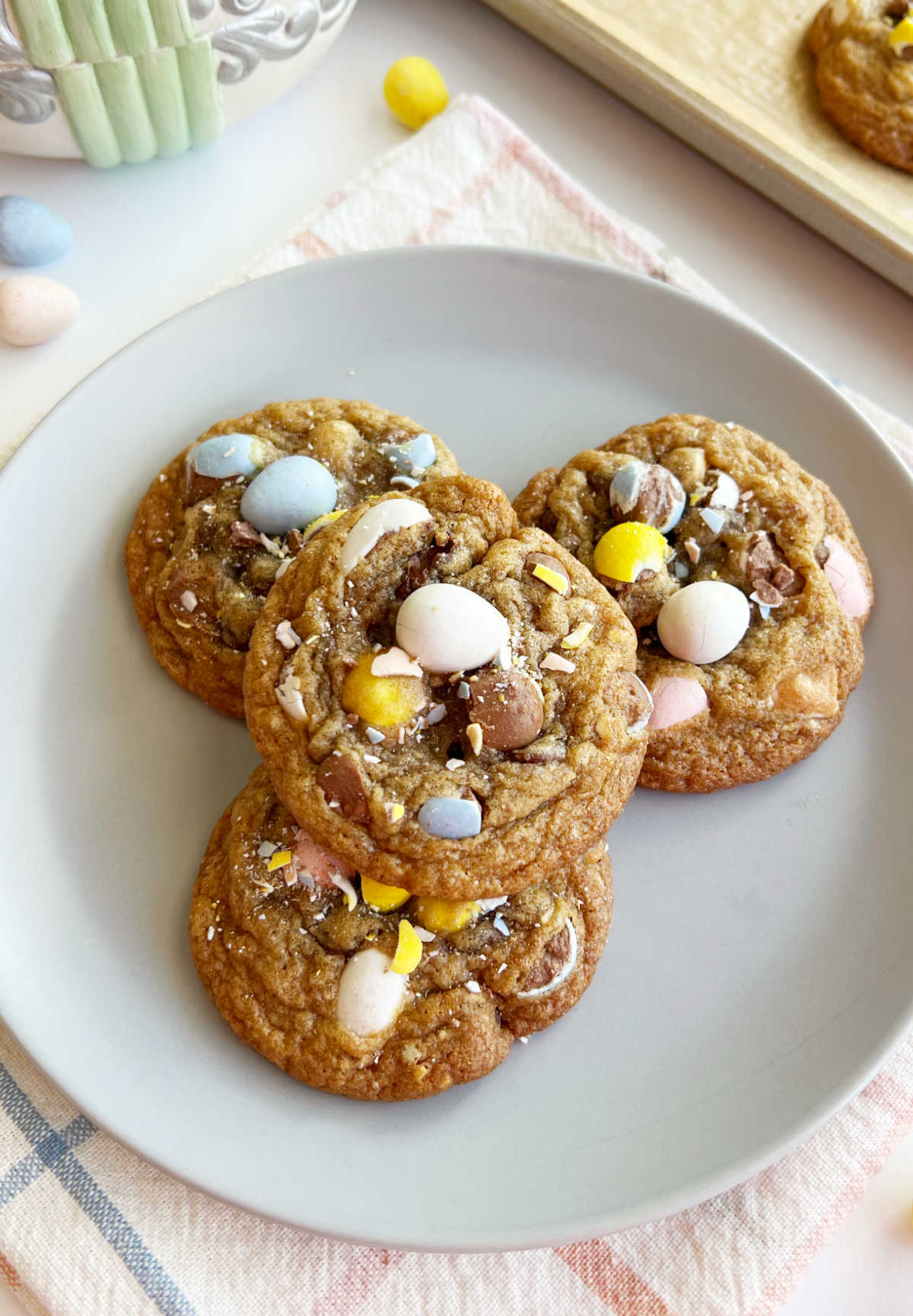 plate of chocolate chip Easter egg cookies