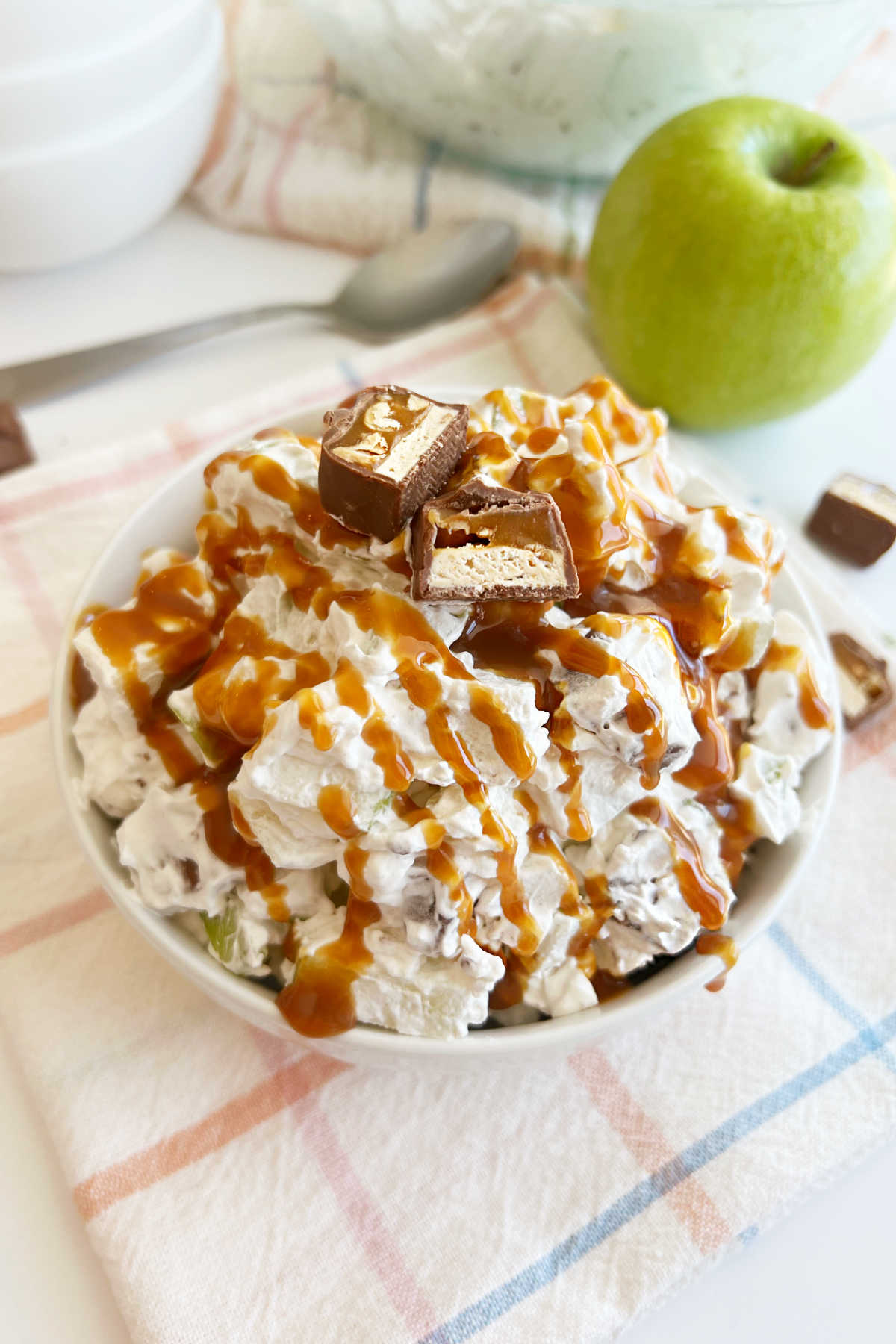 bowl of caramel apple salad on the table