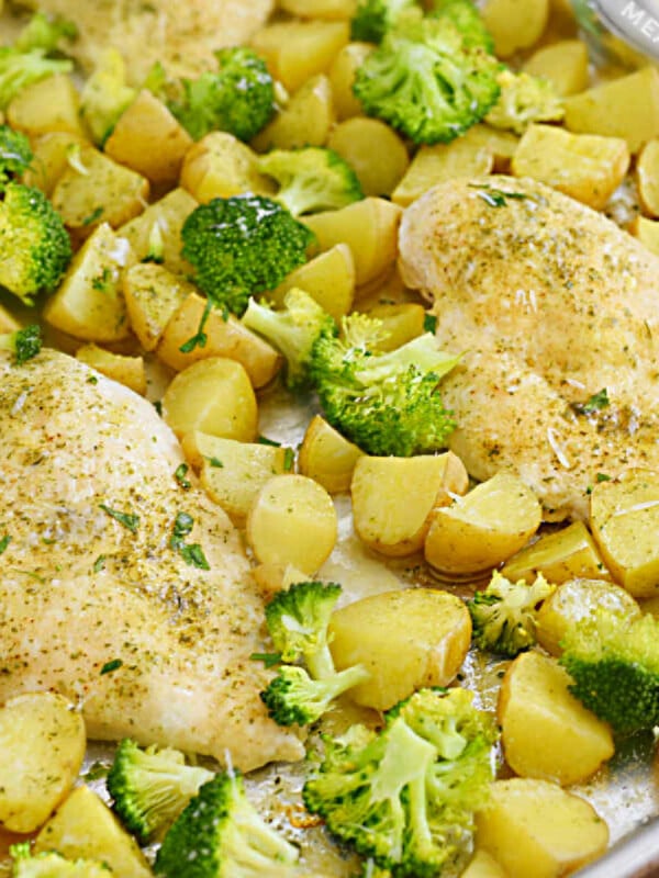 one pan ranch chicken and potatoes with broccoli on sheet pan