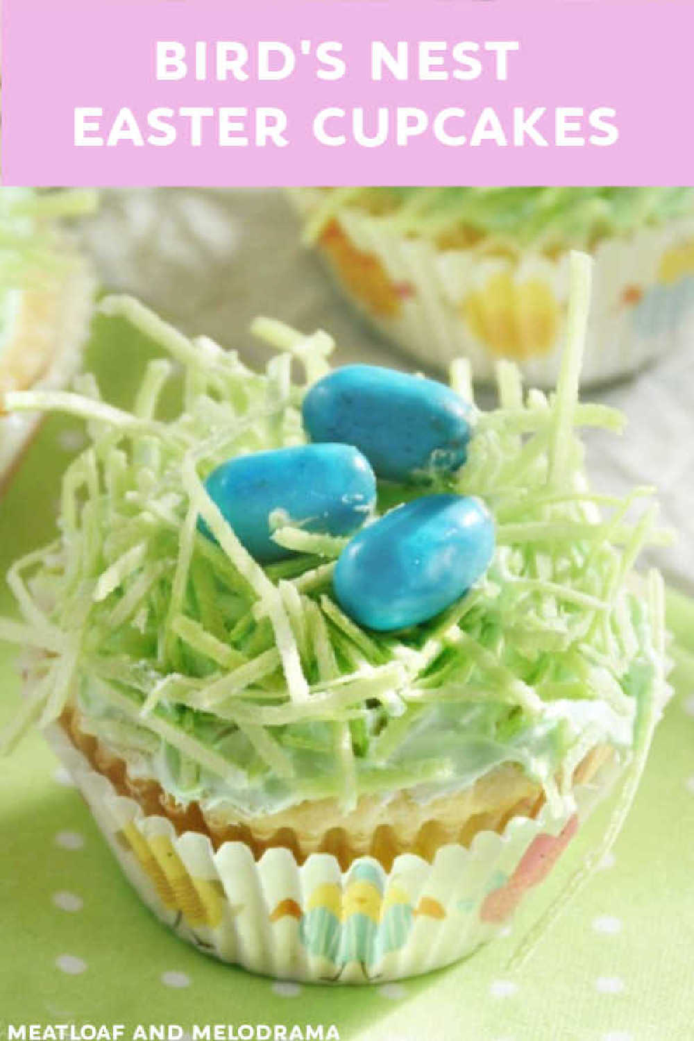 Bird's Nest Easter Cupcakes topped with edible grass and chocolate candy eggs are perfect for an easy Easter dessert or spring celebration! Kids of all ages love this easy dessert! via @meamel