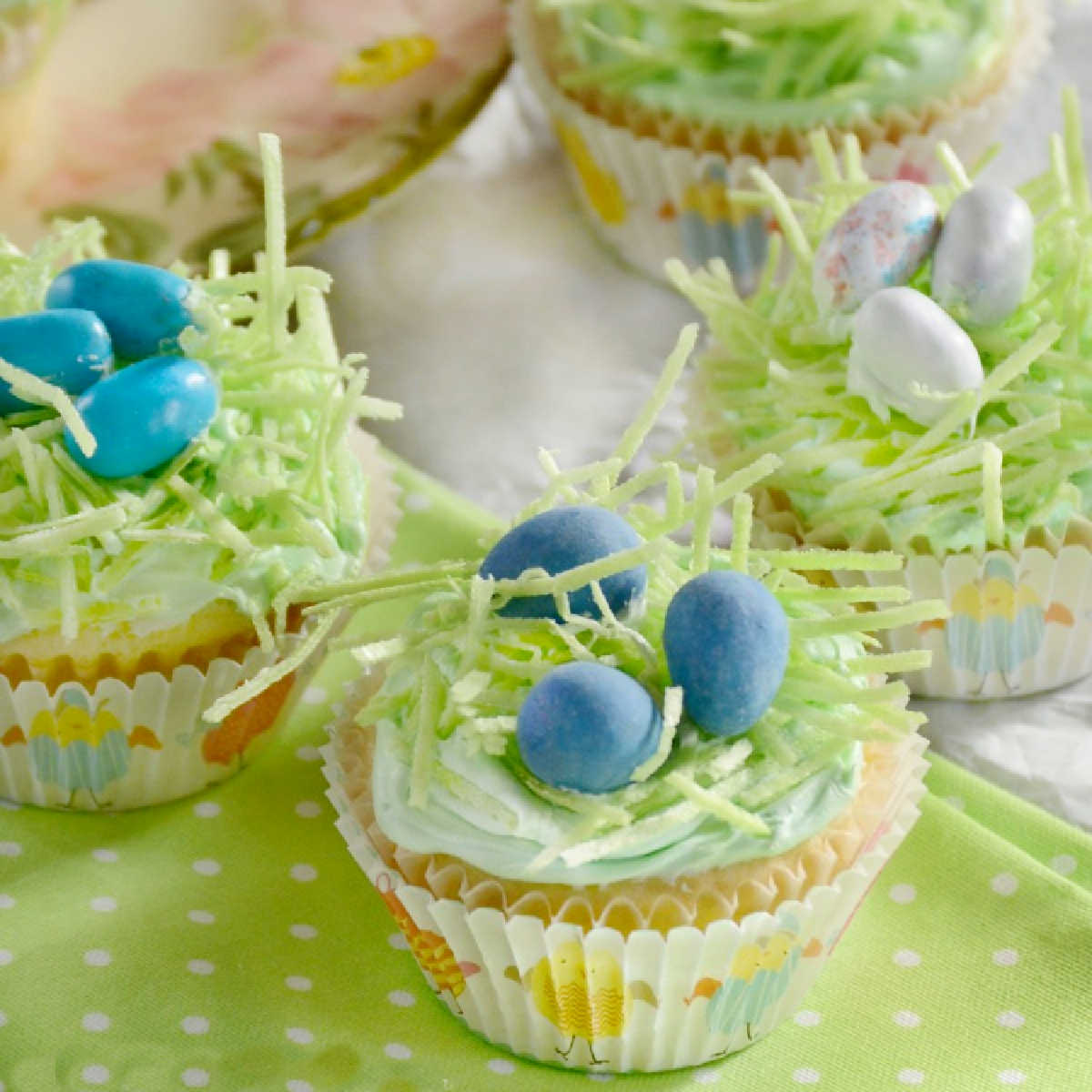 bird's nest Easter cupcakes with edible grass and mini eggs