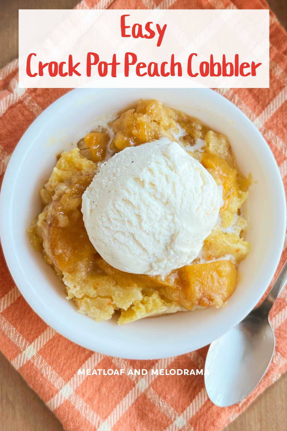 This easy Crock Pot Peach Cobbler recipe uses cake mix, canned peaches and butter for an easy dessert made entirely in the slow cooker. The whole family will love this simple recipe for the perfect summer dessert! via @meamel