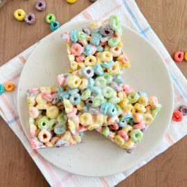 fruit loop bars made with Froot Loops cereal and marshmallows on a plate